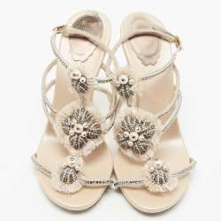 René Caovilla Beige Satin and Crystal Floral T-strap Ankle Cuff Sandals Size 38.5