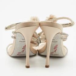René Caovilla Beige Satin and Crystal Floral T-strap Ankle Cuff Sandals Size 38.5