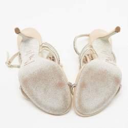 René Caovilla Beige Satin and Crystal Floral T-strap Ankle Cuff Sandals Size 38.5