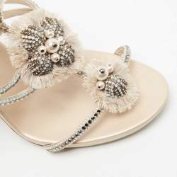 René Caovilla Beige Satin and Crystal Floral T-strap Ankle Cuff Sandals Size 38.5