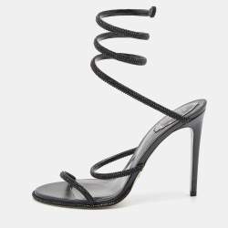 Rene Caovilla Black Leather Crystal Embellished Cleo Ankle Wrap Sandals Size 40