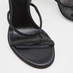 Rene Caovilla Black Leather Crystal Embellished Cleo Ankle Wrap Sandals Size 40
