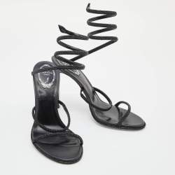 Rene Caovilla Black Leather Crystal Embellished Cleo Ankle Wrap Sandals Size 40