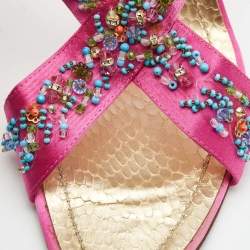 Pre Owned René Caovilla Pink Satin Embellished Criss Cross Ankle Strap Sandals Size 38.5
