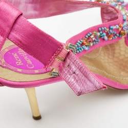 Pre Owned René Caovilla Pink Satin Embellished Criss Cross Ankle Strap Sandals Size 38.5