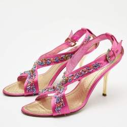 Pre Owned René Caovilla Pink Satin Embellished Criss Cross Ankle Strap Sandals Size 38.5