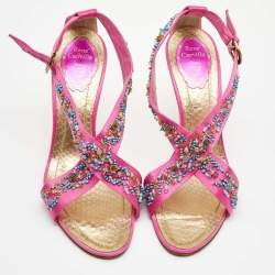 Pre Owned René Caovilla Pink Satin Embellished Criss Cross Ankle Strap Sandals Size 38.5