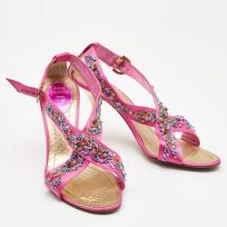 Pre Owned René Caovilla Pink Satin Embellished Criss Cross Ankle Strap Sandals Size 38.5