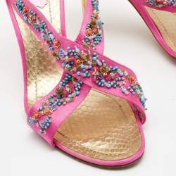 Pre Owned René Caovilla Pink Satin Embellished Criss Cross Ankle Strap Sandals Size 38.5