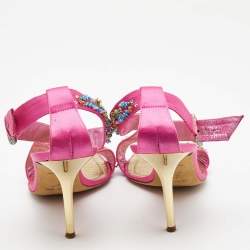 Pre Owned René Caovilla Pink Satin Embellished Criss Cross Ankle Strap Sandals Size 38.5