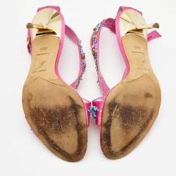 Pre Owned René Caovilla Pink Satin Embellished Criss Cross Ankle Strap Sandals Size 38.5