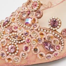 Pre Owned René Caovilla Pink Lace and Leather Crystal Embellished Slingback Pumps Size 39.5