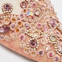 Pre Owned René Caovilla Pink Lace and Leather Crystal Embellished Slingback Pumps Size 39.5