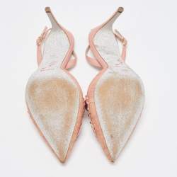 Pre Owned René Caovilla Pink Lace and Leather Crystal Embellished Slingback Pumps Size 39.5