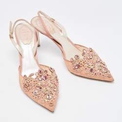 Pre Owned René Caovilla Pink Lace and Leather Crystal Embellished Slingback Pumps Size 39.5