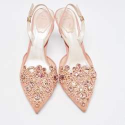 Pre Owned René Caovilla Pink Lace and Leather Crystal Embellished Slingback Pumps Size 39.5