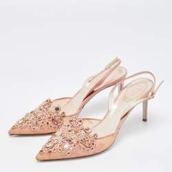 Pre Owned René Caovilla Pink Lace and Leather Crystal Embellished Slingback Pumps Size 39.5