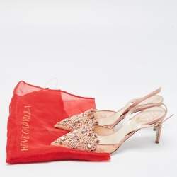 Pre Owned René Caovilla Pink Lace and Leather Crystal Embellished Slingback Pumps Size 39.5