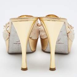 René Caovilla Metallic Gold Leather Embellished Slide Sandals Size 37.5