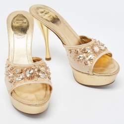 René Caovilla Metallic Gold Leather Embellished Slide Sandals Size 37.5