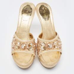 René Caovilla Metallic Gold Leather Embellished Slide Sandals Size 37.5