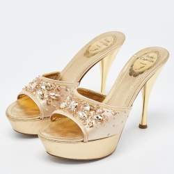 Ren�é Caovilla Metallic Gold Leather Embellished Slide Sandals Size 37.5