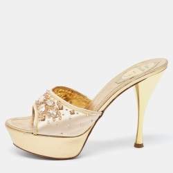 René Caovilla Metallic Gold Leather Embellished Slide Sandals Size 37.5