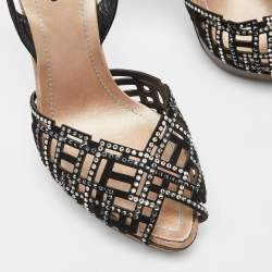 René Caovilla Black Suede and Fabric Crystal Embellished Slingback Sandals Size 37.5