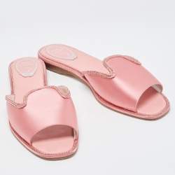 Pre Owned Rene Caovilla Pink Satin Crystal Embellished Flat Slides Size 40