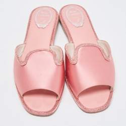 Pre Owned Rene Caovilla Pink Satin Crystal Embellished Flat Slides Size 40