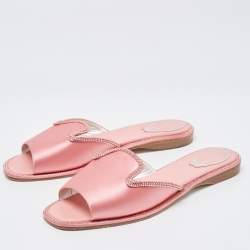 Pre Owned Rene Caovilla Pink Satin Crystal Embellished Flat Slides Size 40