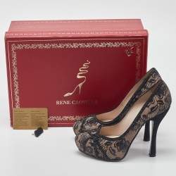 Pre Owned René Caovilla Black/Pink Lace and Leather Crystal Embellished Pumps Size 37