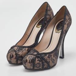 Pre Owned René Caovilla Black/Pink Lace and Leather Crystal Embellished Pumps Size 37