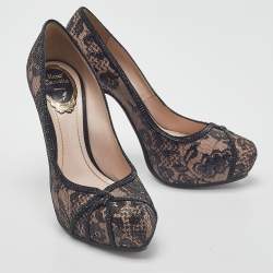 Pre Owned René Caovilla Black/Pink Lace and Leather Crystal Embellished Pumps Size 37