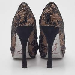 Pre Owned René Caovilla Black/Pink Lace and Leather Crystal Embellished Pumps Size 37