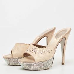 René Caovilla Beige Python Crystal Embellishment Slide Sandals Size 38