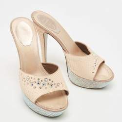 René Caovilla Beige Python Crystal Embellishment Slide Sandals Size 38