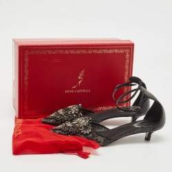 Pre Owned René Caovilla Black Leather and Mesh Crystal Embellished Ankle Strap Pumps Size 37