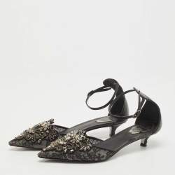Pre Owned René Caovilla Black Leather and Mesh Crystal Embellished Ankle Strap Pumps Size 37