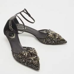 Pre Owned René Caovilla Black Leather and Mesh Crystal Embellished Ankle Strap Pumps Size 37