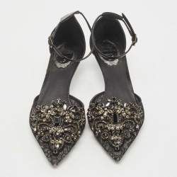 Pre Owned René Caovilla Black Leather and Mesh Crystal Embellished Ankle Strap Pumps Size 37