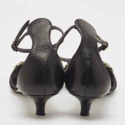 Pre Owned René Caovilla Black Leather and Mesh Crystal Embellished Ankle Strap Pumps Size 37