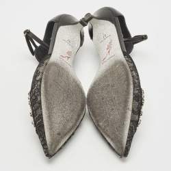 Pre Owned René Caovilla Black Leather and Mesh Crystal Embellished Ankle Strap Pumps Size 37