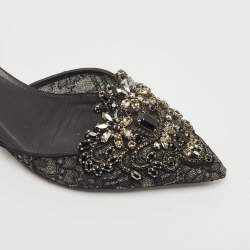 Pre Owned René Caovilla Black Leather and Mesh Crystal Embellished Ankle Strap Pumps Size 37