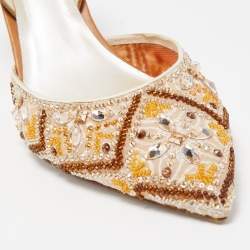 مملوكة مسبقًا René Caovilla Beige Fabric And Leather Crystal Embellished Pointed Toe Slingback Sandals Size 39