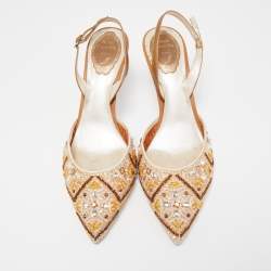 مملوكة مسبقًا René Caovilla Beige Fabric And Leather Crystal Embellished Pointed Toe Slingback Sandals Size 39