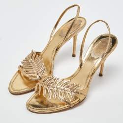 Pre Owned René Caovilla Metallic Gold Leather Crystal Embellished Slingback Sandals Size 39.5
