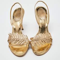 Pre Owned René Caovilla Metallic Gold Leather Crystal Embellished Slingback Sandals Size 39.5