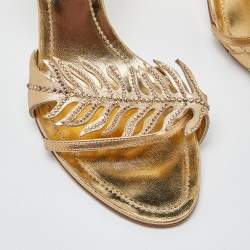 Pre Owned René Caovilla Metallic Gold Leather Crystal Embellished Slingback Sandals Size 39.5