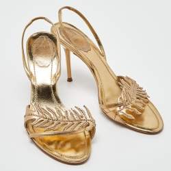 Pre Owned René Caovilla Metallic Gold Leather Crystal Embellished Slingback Sandals Size 39.5